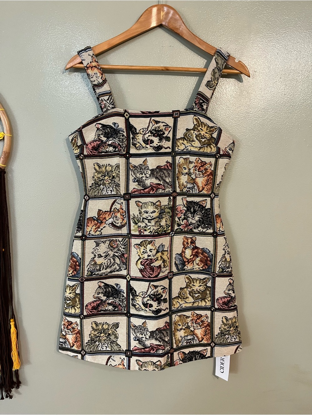 Cat Tapestry Mini Dress in Black, Cream, Brown Cat Lovers Cider S NWT